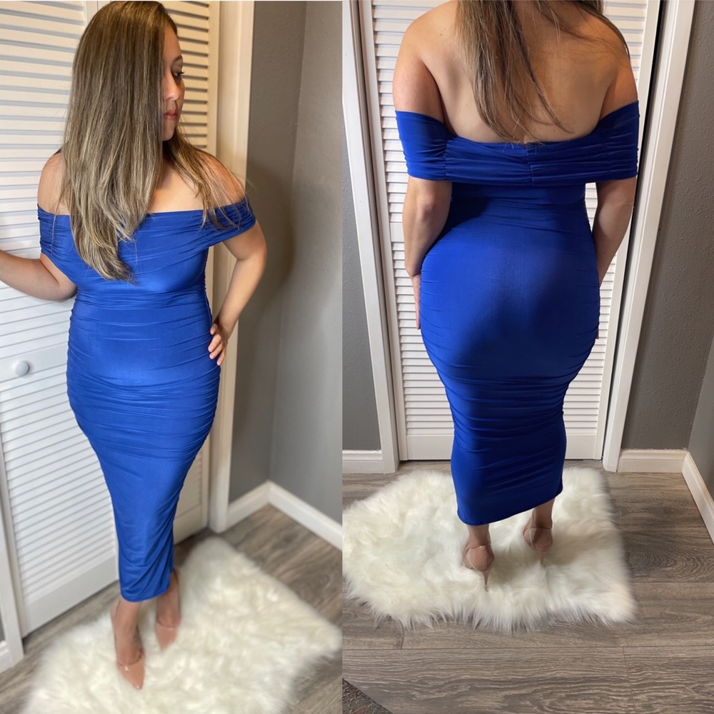 Kate - royal blue off the shoulder double layered ruched midi dress